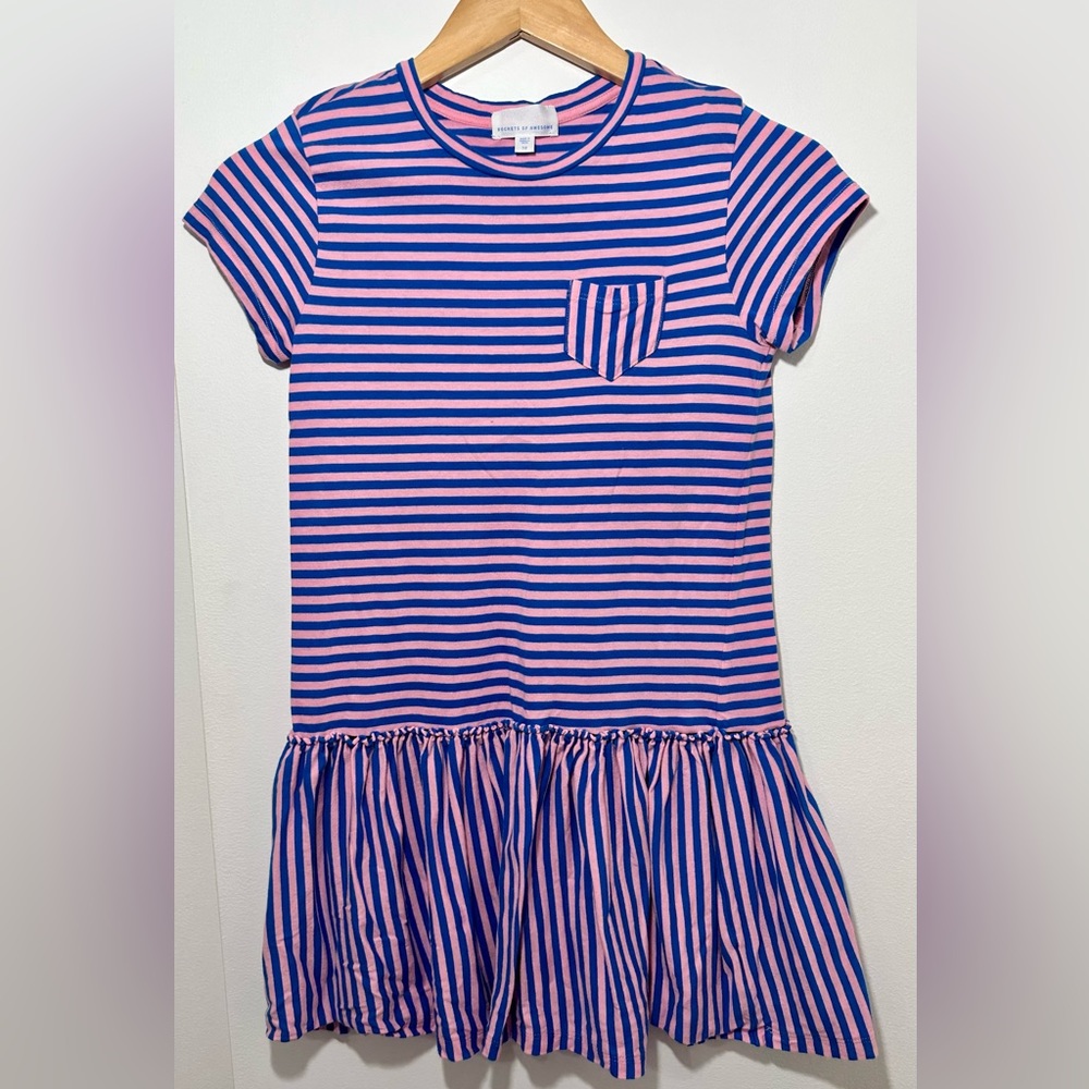 Girls Rockets of Awesome Stripe Drop-Waist Tee Dress - Navy & Pink - Size 10